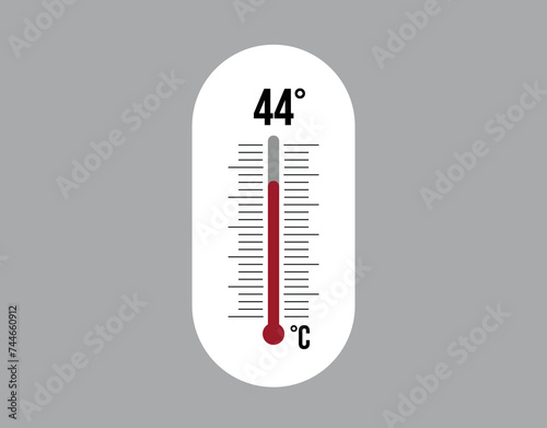 44° degrees Celsius. Thermometer vector to measure climate temperature, weather forecast and heat concept