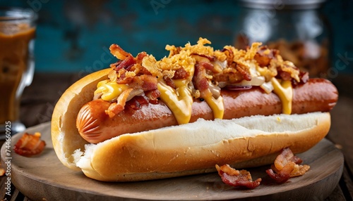 Big hot-dog with crispy bacon, fried onions, melted cheese and mustard on wooden table. Tasty fast food