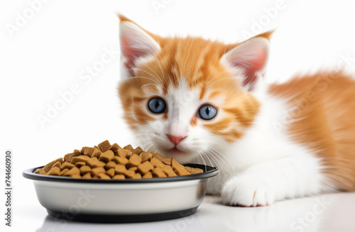 Kitten Eating from Bowl. Young Cat Eats Food, Licking Tongue. Feline Feeding Isolate White Solid Background. Ginger Tabby Cat Eating. Front View. Pet Food Banner. Domestic Animals Meal. Space for text