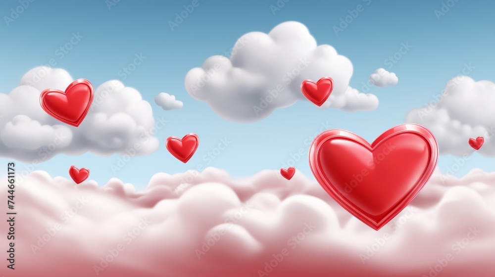 Vibrant banner with heart shaped red clouds floating in the sky for romantic events and celebrations
