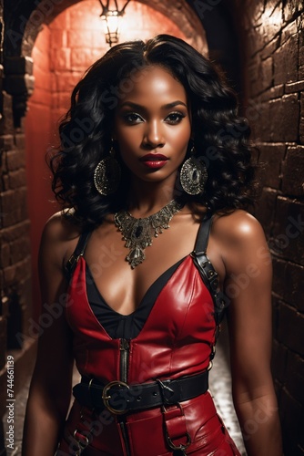 A woman dressed in a stylish red leather BDSM dress with bold accessories stands confidently in a room with chains and industrial decor.