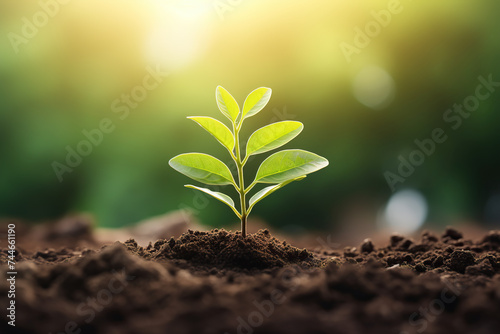 Small Tree Growing from Soil with Sunrise Bokeh Green Background - World Earth Day, Environment Day Concept