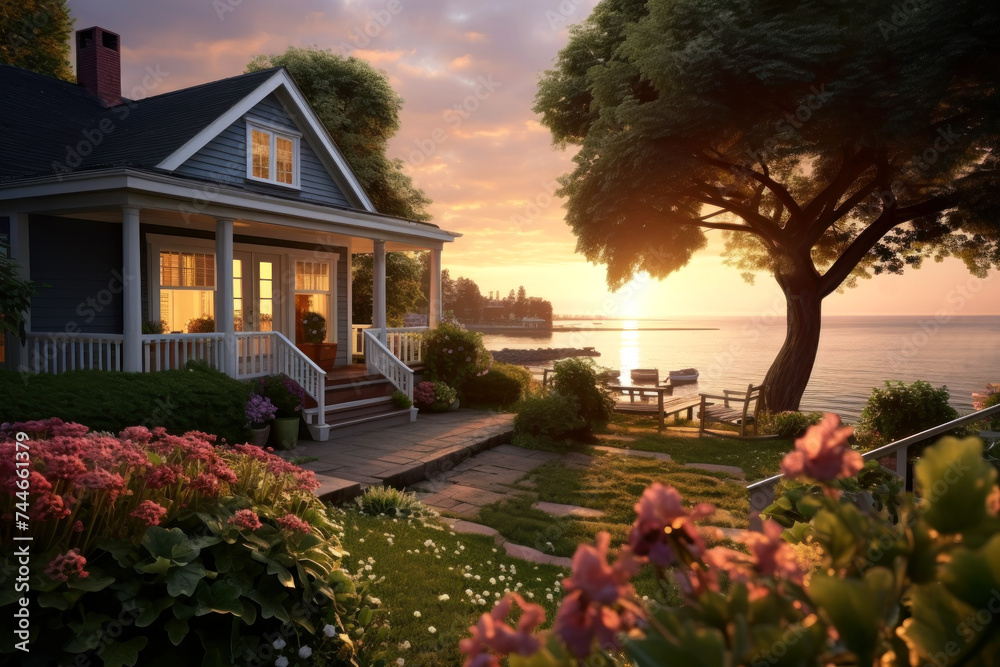 Capture the serenity of this exquisite coastal cabin at sunset. Lush gardens
