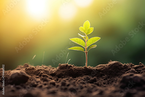 Small Tree Growing from Soil with Sunrise Bokeh Green Background - World Earth Day, Environment Day Concept © RBGallery