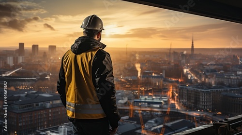 A construction worker gazes at the sunrise over an awakening city, symbolizing new beginnings and urban development.