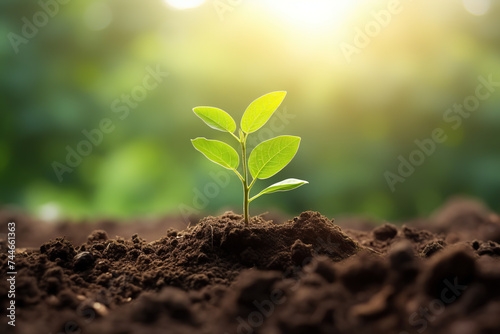 Small Tree Growing from Soil with Sunrise Bokeh Green Background - World Earth Day  Environment Day Concept