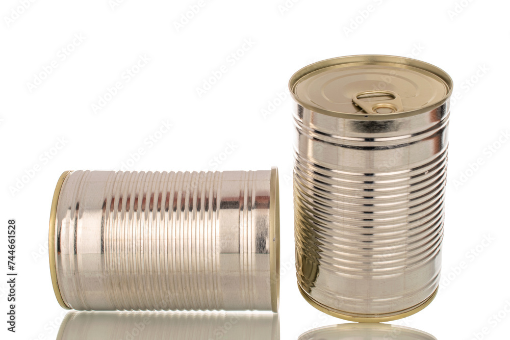 Two metal canned meat macro isolated on white background.