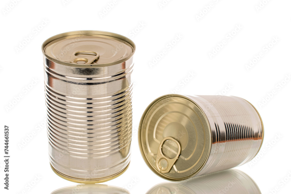 Two metal canned meat macro isolated on white background. Two metal canned meat macro isolated on white background.
