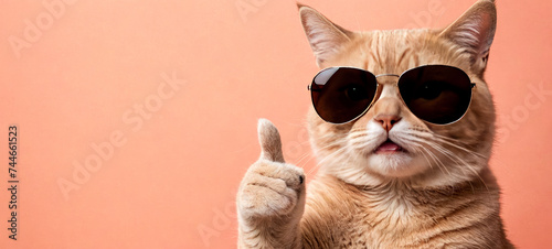 Cheerful cat giving thumbs up, perfect for expressing positive emotions, approval or agreement. Playful image captures cat in human-like gesture, making it ideal for fun