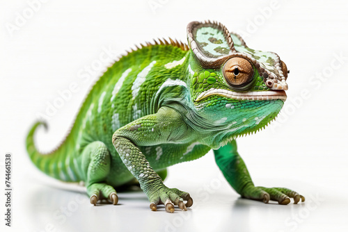 green chameleon on white background