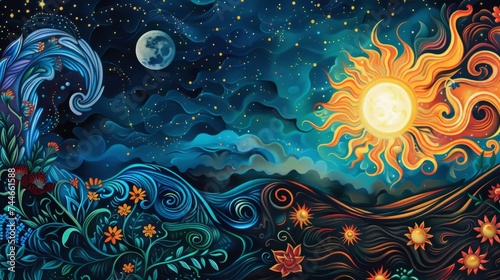 the vernal equinox. vibrant artwork features a combination of celestial and natural elements. 