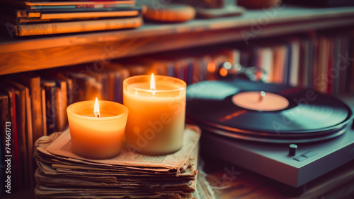 Two lit candles beside a vinyl record player, creating a cozy and relaxing vintage music atmosphere at home.