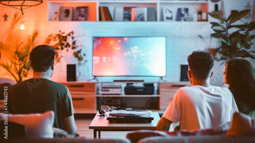Friends enjoying a movie night at home, comfortably watching a film on a flat-screen television in a cozy living room. photo