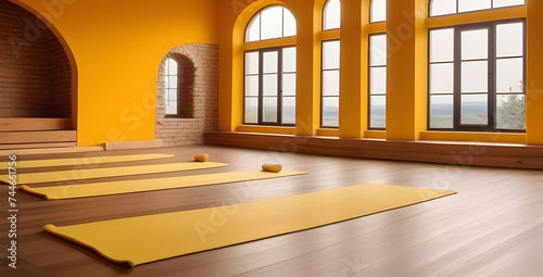 Yoga room interior in yellow colors.