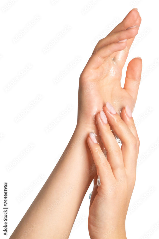 Women's hands. Transparent gel spreads over the skin. on a blank background Women's hands. Transparent gel spreads over the skin. on a blank background