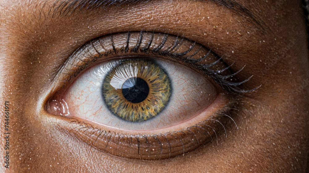Closeup of brown eye with detailed iris patterns, surrounded by smooth skin and dark eyelashes, beauty, emotion, and human uniqueness in macro shot. Closeup of brown eye with detailed iris patterns, surrounded by smooth skin and dark eyelashes, beauty, emotion, and human uniqueness in macro shot.