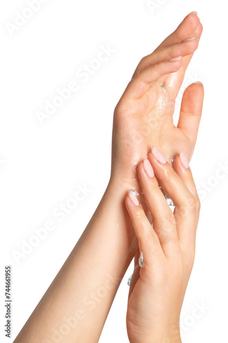 Women's hands. Transparent gel spreads over the skin. on a blank background © MM