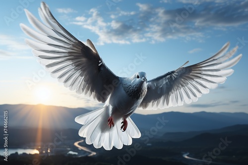 A white dove in full flight, wings spread wide against a stunning sunset sky, symbolizing peace and freedom. © Vilaysack