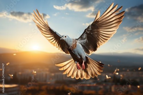 Inspirational image of a white dove in flight, wings spread wide, with the glow of the sunrise creating a serene backdrop.