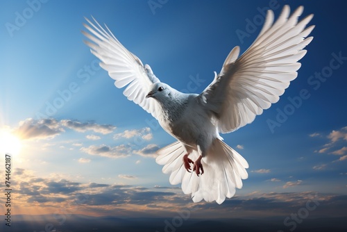 A white dove in full flight  wings spread wide against a stunning sunset sky  symbolizing peace and freedom.