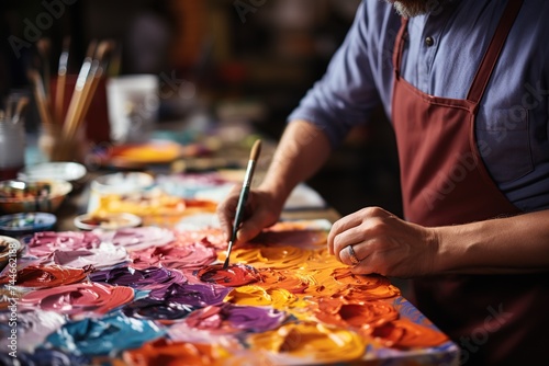 Close-up of an artist's hand skillfully applying vibrant oil paints to a canvas, surrounded by an array of colorful brushes.