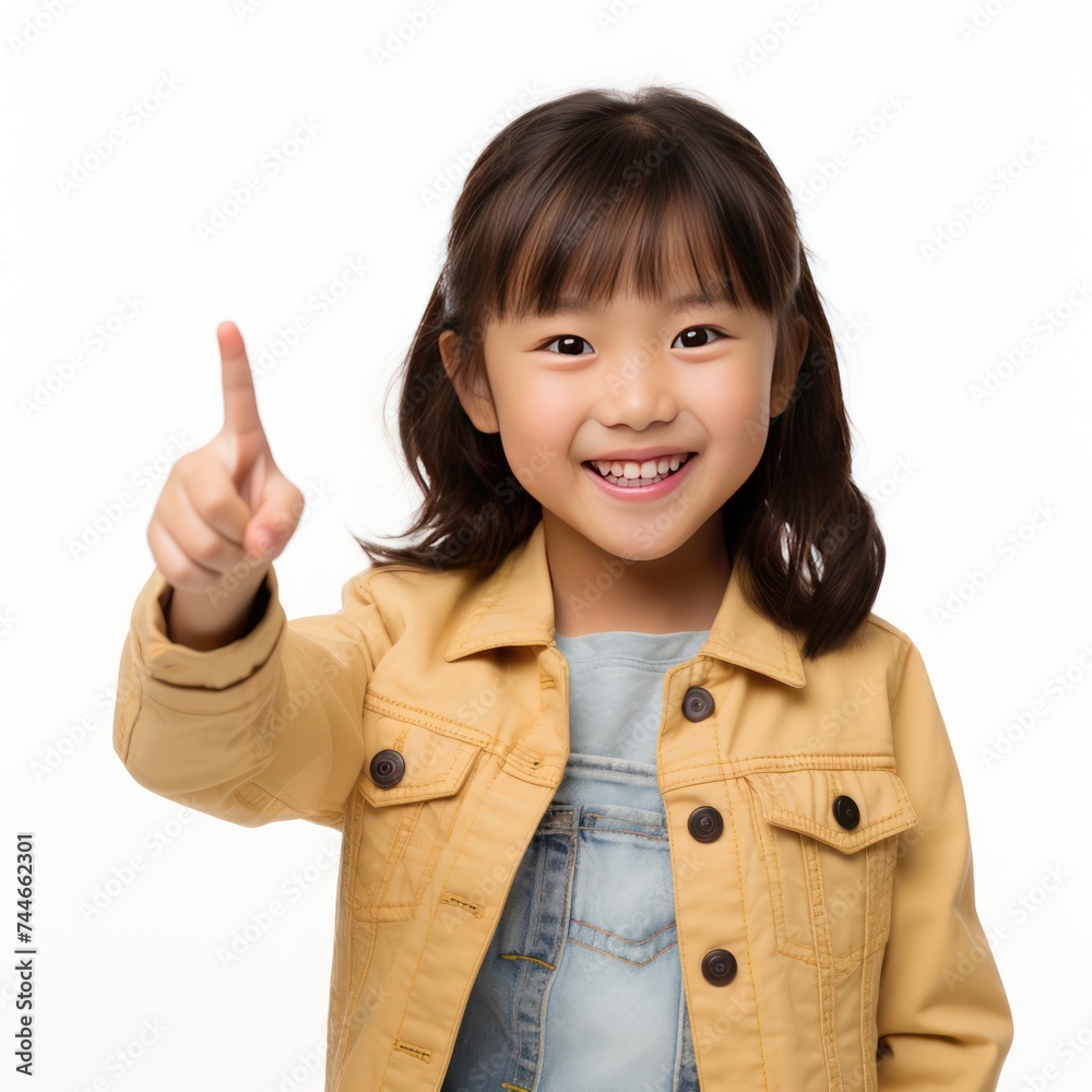 Smiling Asian Girl with Hand Gesture Isolated White Background Smiling Asian Girl with Hand Gesture Isolated White Background