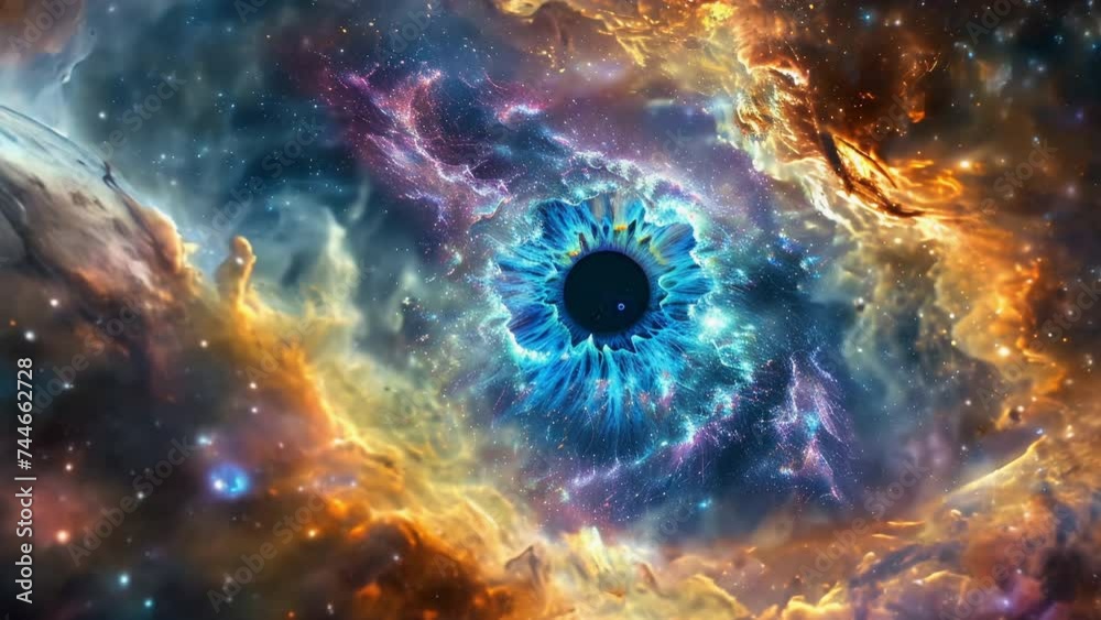 Eye of Providence in Cosmic outer Space. Illuminati Abstract concept Deep Cosmos Background. All-seeing blue eye, conspiracy theory. Beautiful universe in human eye. Mystery galaxy glow sky animation.