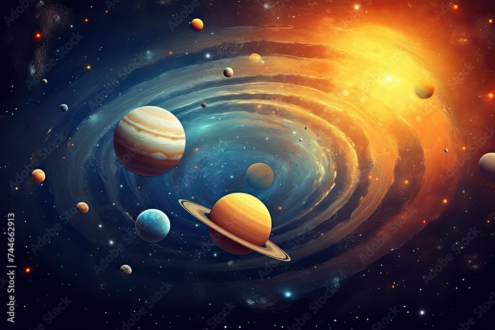 Fototapeta premium Milky Way Galaxy, Outer Space, Solar System, Cosmos Planets, Sun, Earth, Jupiter, Saturn, Stars. Universe Space Wallpaper Poster for Astrology Enthusiasts