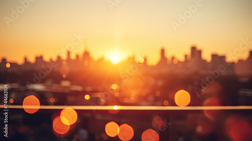 Golden Hour Sunset, Summer Sun Blur with City Rooftop View in the Background - Fuzzy Urban Warmth and Bright Heatwave Lights