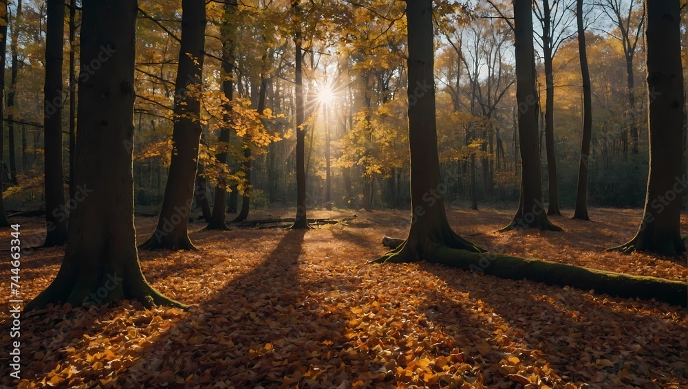 A sun-dappled forest with a carpet of fallen leaves.