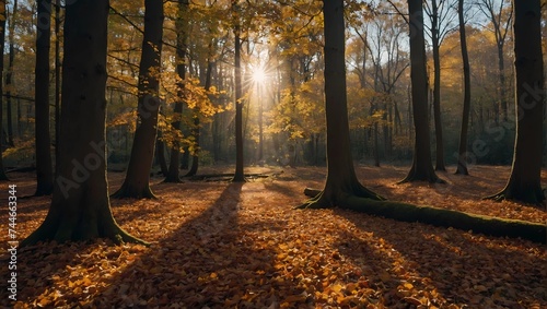 A sun-dappled forest with a carpet of fallen leaves.