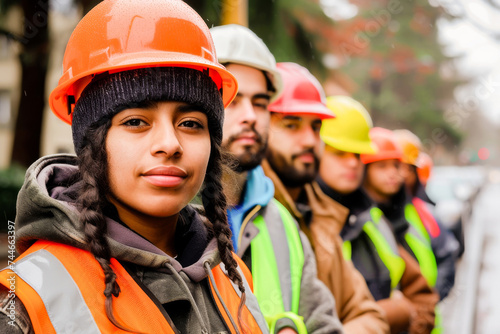 Diverse group of focused construction workers lined up outdoors, wearing hard hats and safety vests.