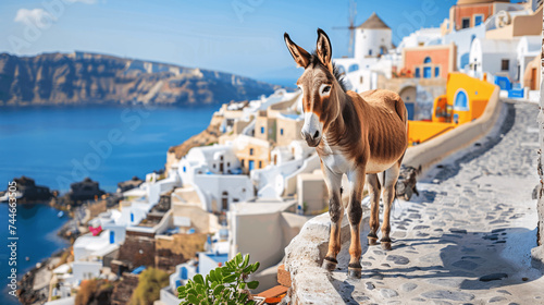 Greek Donkey Against Santorini Landscape, Traditional Setting