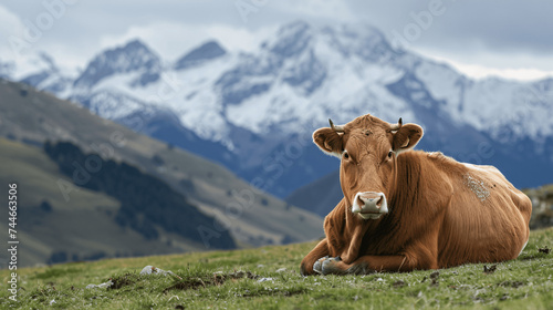 Alpine Cow Amidst Majestic Mountain Range, Rural Scene © TimeaPeter