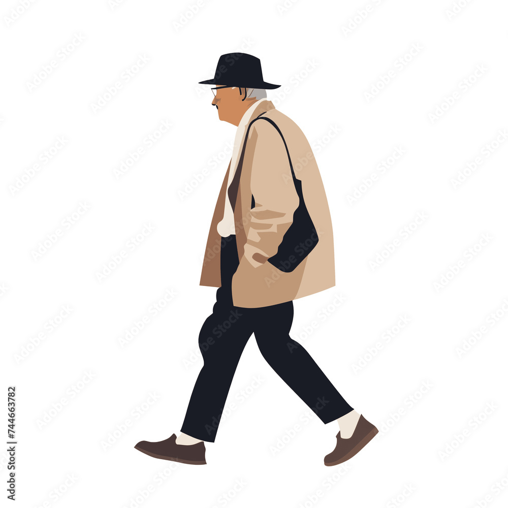 Flat illustration of a senior man walking, isolated on transparent background.