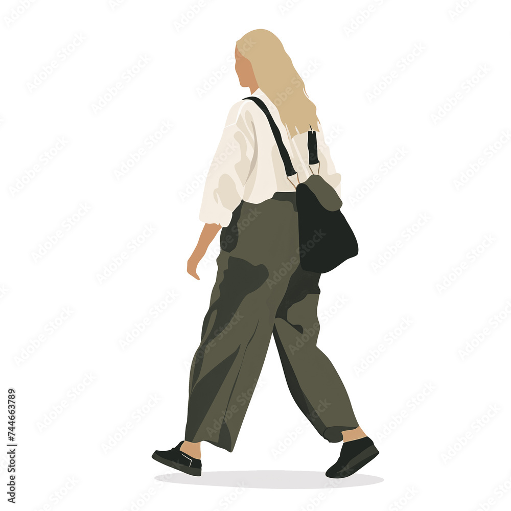 Stylish Blond Woman Walking , Transparent Background, Loose and Fluid Style