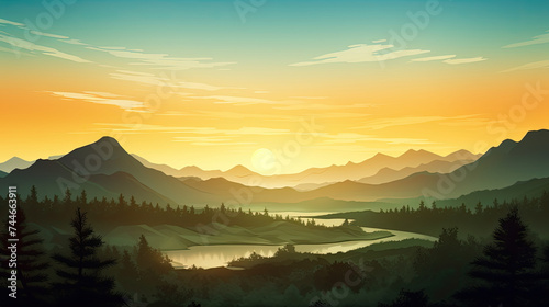 Sunrise Over Green Forest Mountains Peak Landscape Background with Mountains and River © DailyStock