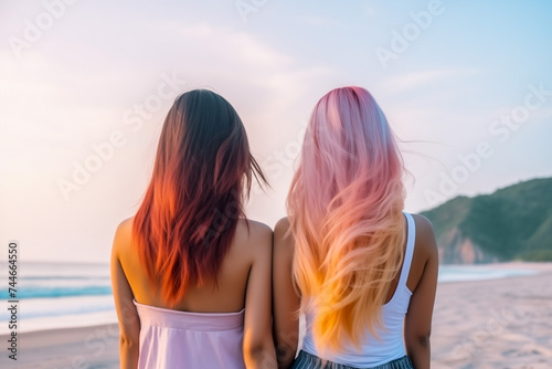 Rear view of two young women on the beach