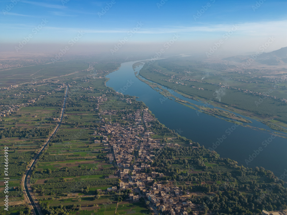 aerial view of the river and city in Upper Egypt 