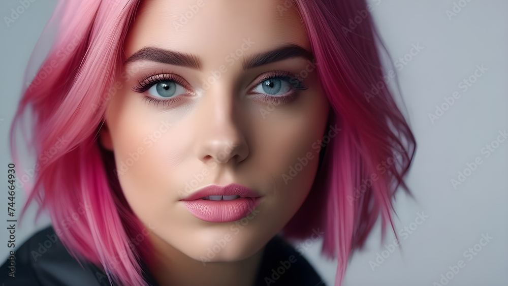 A girl with pink hair and blue eyes. A girl with pink hair and blue eyes.