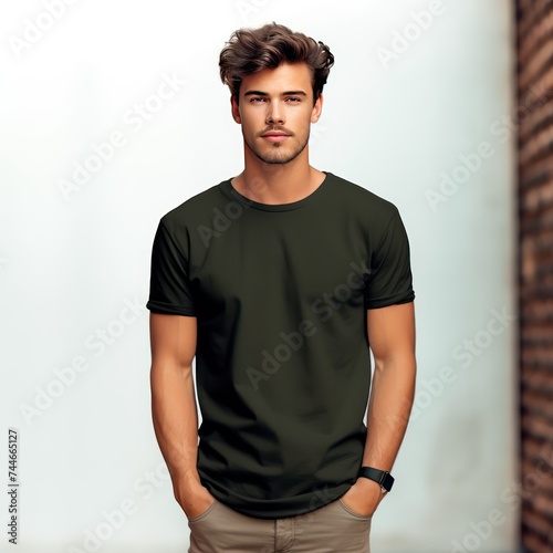 Stylish Man in Olive Green TShirt Hyperdetailed Mockup