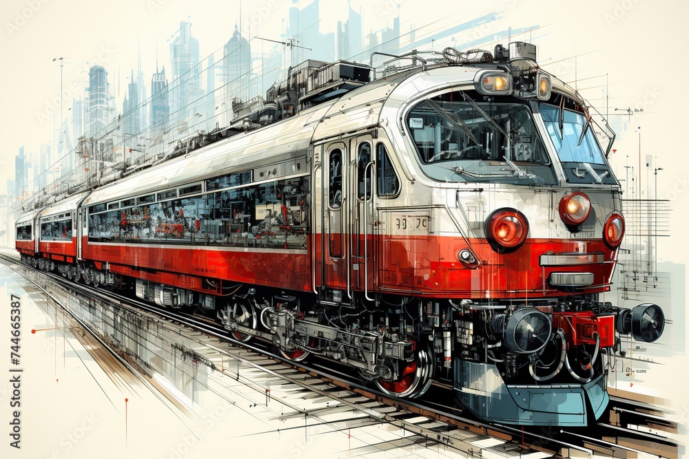 Artistic depiction of a modern city train in motion, blending urban architecture with dynamic transportation in a vibrant digital painting. Artistic depiction of a modern city train in motion, blending urban architecture with dynamic transportation in a vibrant digital painting.