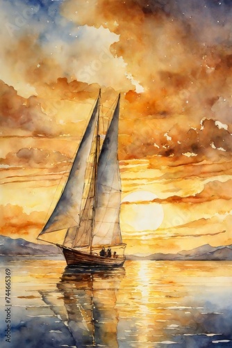 Painting of a sailboat in the ocean at sunset with a sun setting generative ai