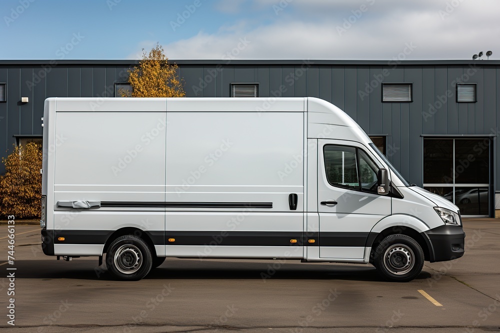 White commercial delivery van parked outside a business facility, ready for cargo loading or transport services.