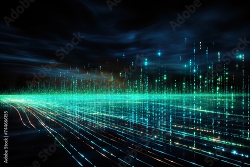 A rendering of a technology data binary code network background.