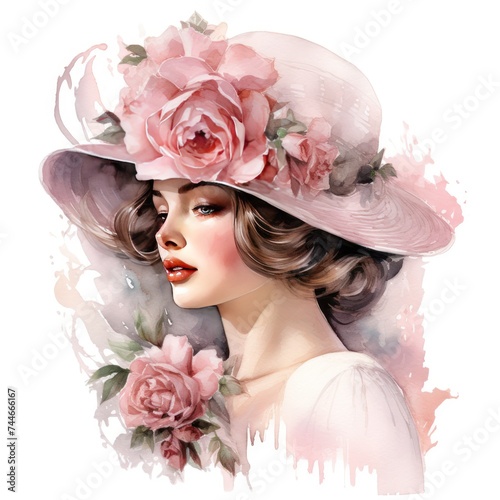 Vintage Pink Floral Lady Watercolor Clipart Adorned with Grace