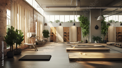 A gym layout for a holistic wellness center, incorporating yoga studios and wellness counseling areas.