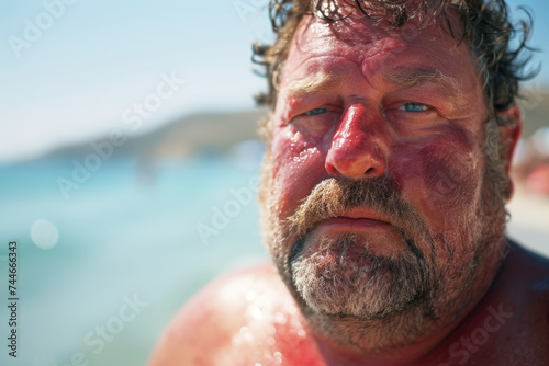 Close-up middle-aged fat Caucasian man with a severe sunburn on red face and shoulders looking with a funny grumpy and painful expression, concept of sun UV protection on the beach vacation in Summer