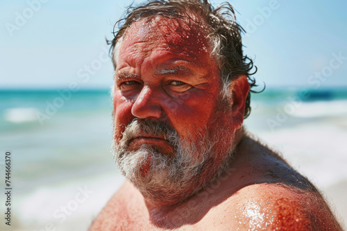 Funny middle-aged obese Caucasian man with a severe sunburn on red face and shoulders looking with grumpy painful expression, concept of importance of sun protection on the beach vacation in Summer.