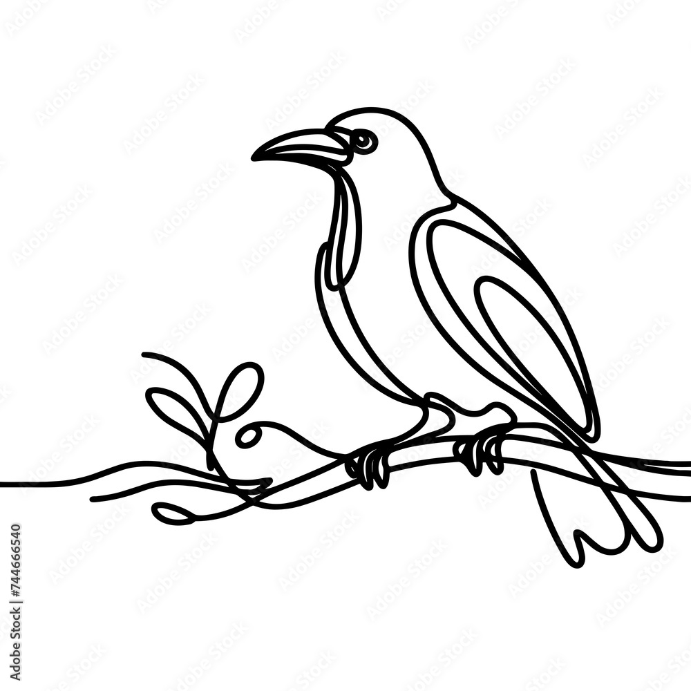 Naklejka premium A crow sits on a branch, line drawing style